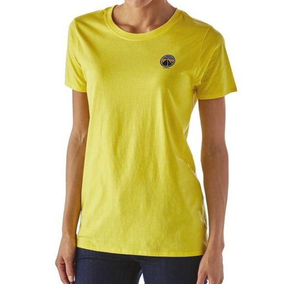 Patagonia Rivet Vintage Logo Cotton/Poly T-Shirt Yellow Distressed Organic Top - Picture 3 of 10